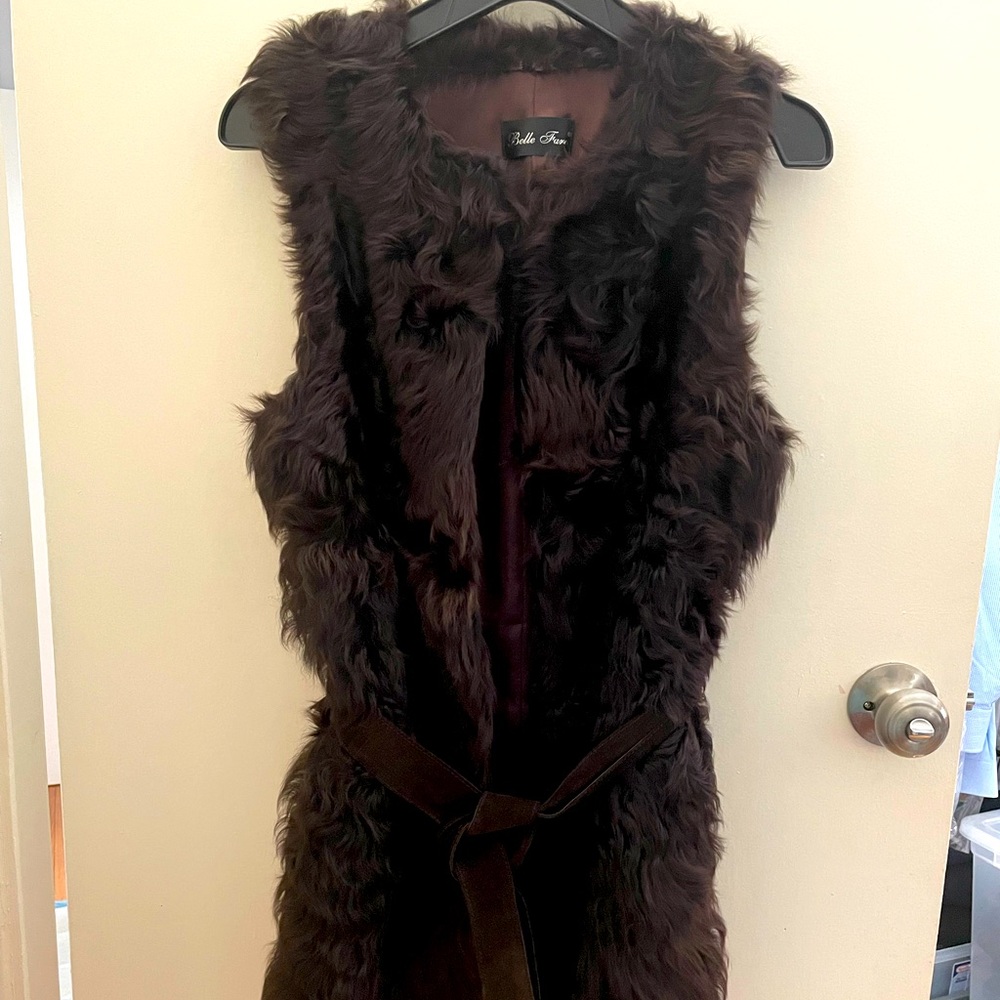 Genuine shearling sheep lamb fur dark brown small medium belted excellent